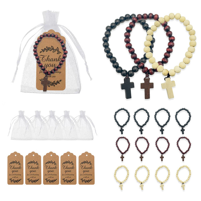 Wooden Bead Elastic Bracelet With Cross Pendant In Three Colors
