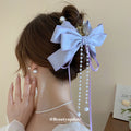 Satin Bow Hair Claw With Pearl Like Fringe In Blue White Or Lavender view 1