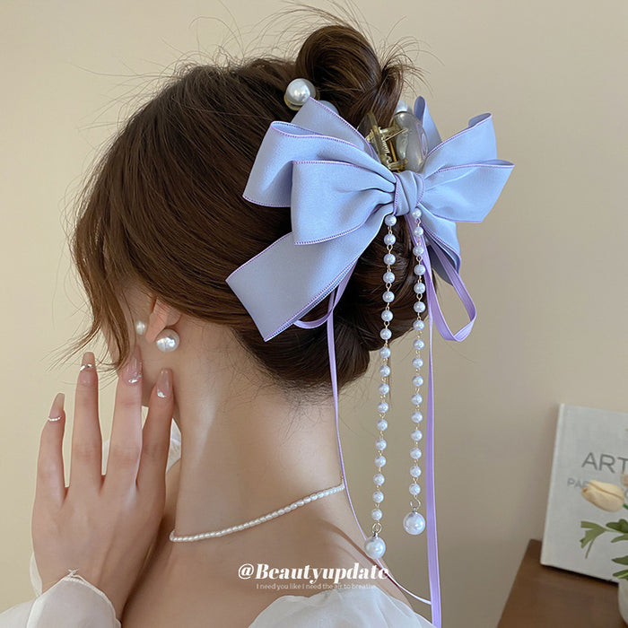 Satin Bow Hair Claw With Pearl Like Fringe In Blue White Or Lavender