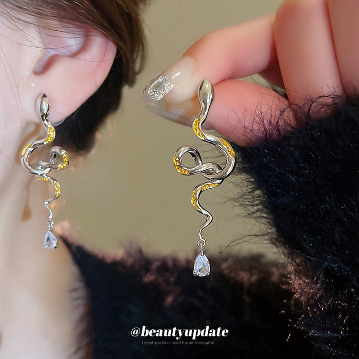 Mixed Metal Snake Drop Stud Earrings with Crystal Tips