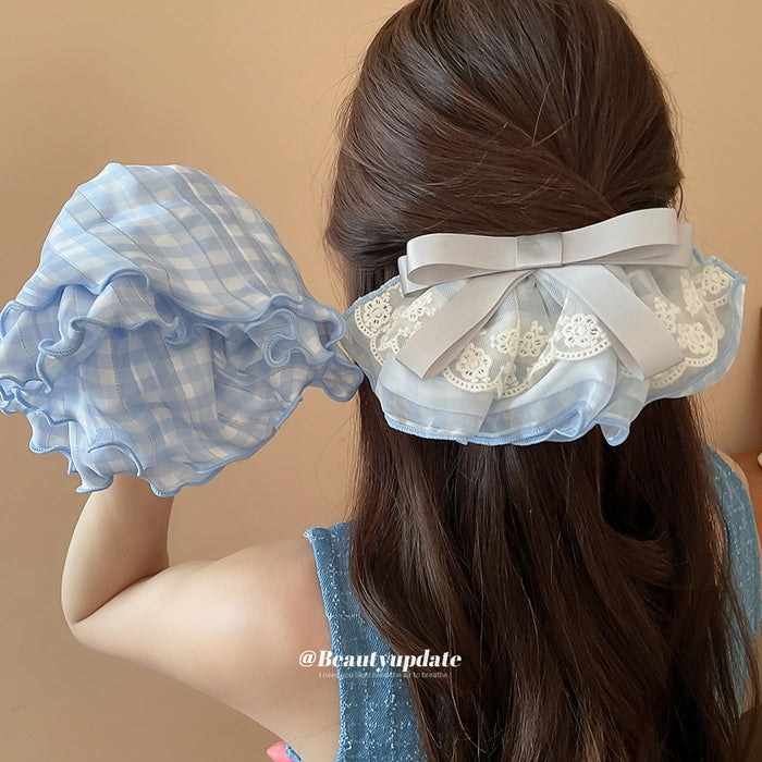 Blue Gingham Lace Bow Spring Clip And Plaid Scrunchie