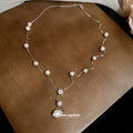 Silver Y Pearl Necklace Teardrop Pearl Crystal Flower view 4