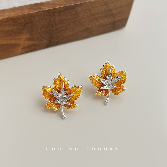 Gold Tone Amber Maple Leaf Silver Inner Leaf Stud Earrings