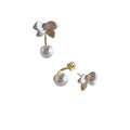 White Flower and Pearl Drop Stud Earrings with Metal Settings view 5