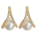 Gold Tone Clear Stone Pointed Frame Pearl Like Stud Earrings view 5