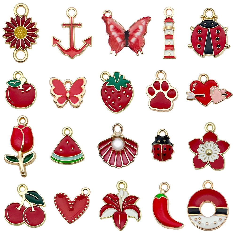 Acrylic Red Enamel Heart Butterfly Rose Flower Charm Pendant for DIY Bracelet Necklace Making