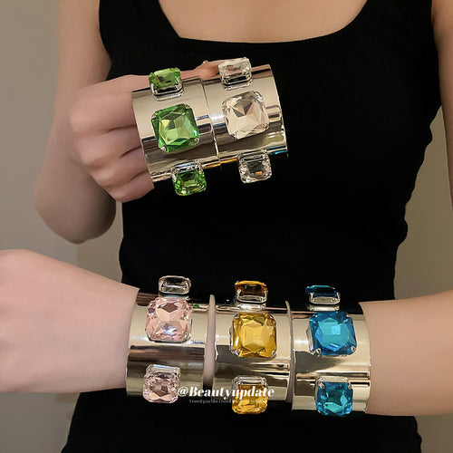 Model stacking multicolor square crystal wide silver cuffs