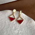 Gold Mismatched Red Enamel Geometric Diamond Drop Earrings view 4