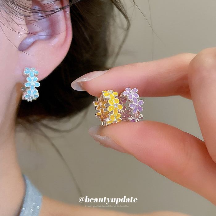 Round Enamel Flower Hoop Earrings In Three Bright Colors
