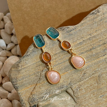 Gold Color Block Triple Drop Earrings Teal Amber Pink Stones