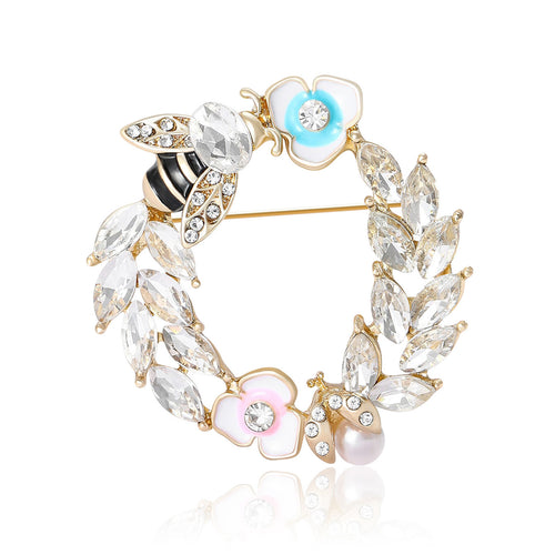 Front view of Crystal Bee and Flower Wreath brooch