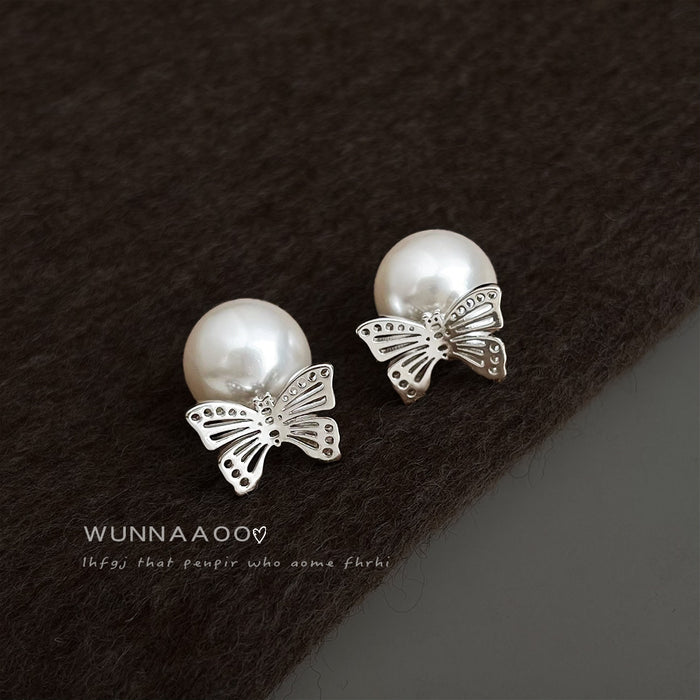Two-Way Pearl Stud Earrings Silver Butterfly Overlay Charms