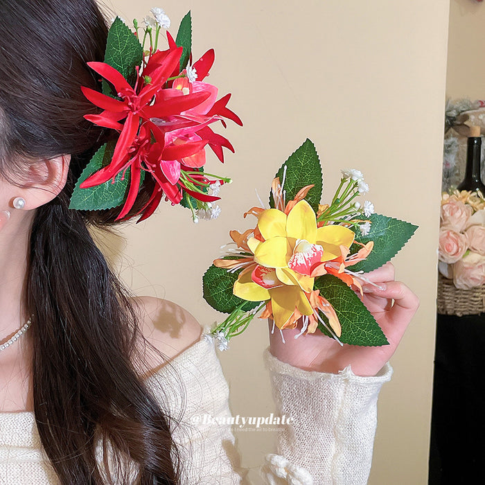 Fabric Orchid Leaf Duckbill Hair Clips Red And Yellow