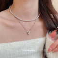 Layered Pearl Necklace With Delicate Chain And Flower Drop view 3