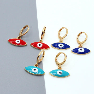 Gold Tone Marquise Enamel Evil Eye Huggie Earrings in Three Colors