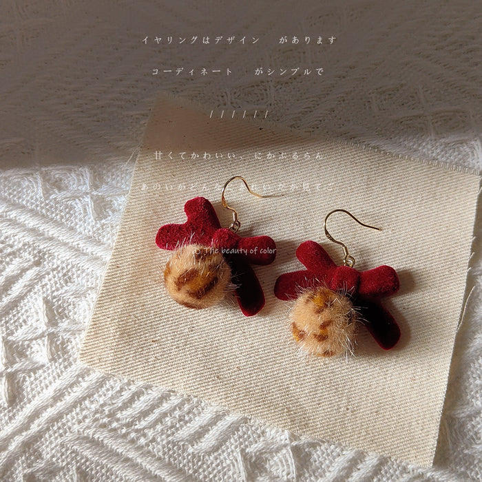 Burgundy Velvet Bow Leopard Fur Ball Drop Earrings