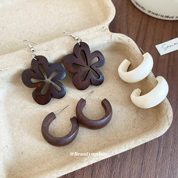 Brown Wood Flower Cutout Hook Earrings Jewelry Accessory