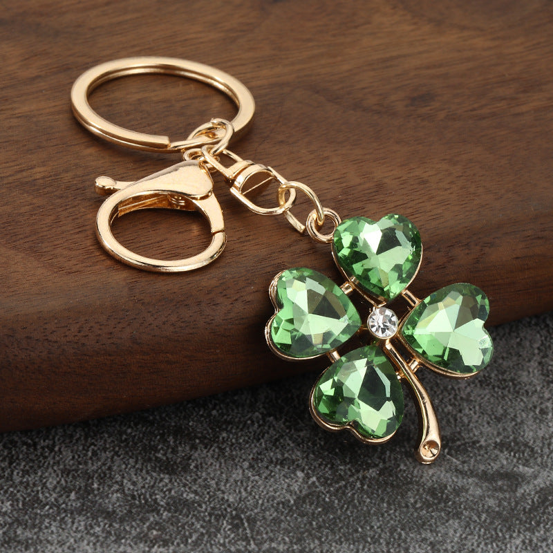 Rhinestone Four Leaf Clover Keychain with Colorful Cat Eye Stone Charm