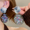 Floral Print Round Disc Earrings with Blue Flower Studs view 2