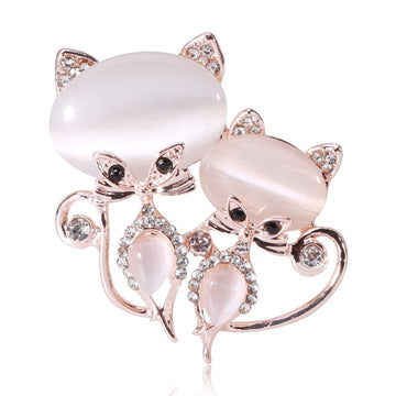 Rose Gold Dual Fox Brooch Cat Eye Stone Crystal Accents