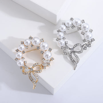 Pearl Circle Crystal Bow Brooch Gold and Silver Tone