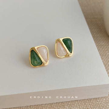 Gold Geometric Square Stud Earrings Dual Color Inlay