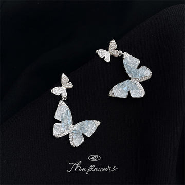 Silver-Tone Blue Crystal Butterfly Drop Earrings Rhinestone