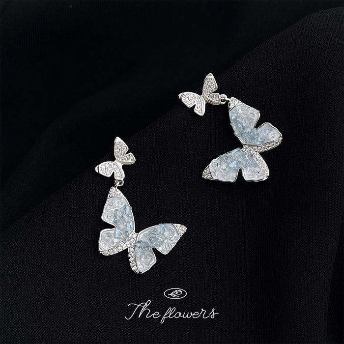 Silver-Tone Blue Crystal Butterfly Drop Earrings Rhinestone