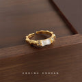 Gold Tone Bamboo Texture White Inlay And Clear Stone Open Ring view 3