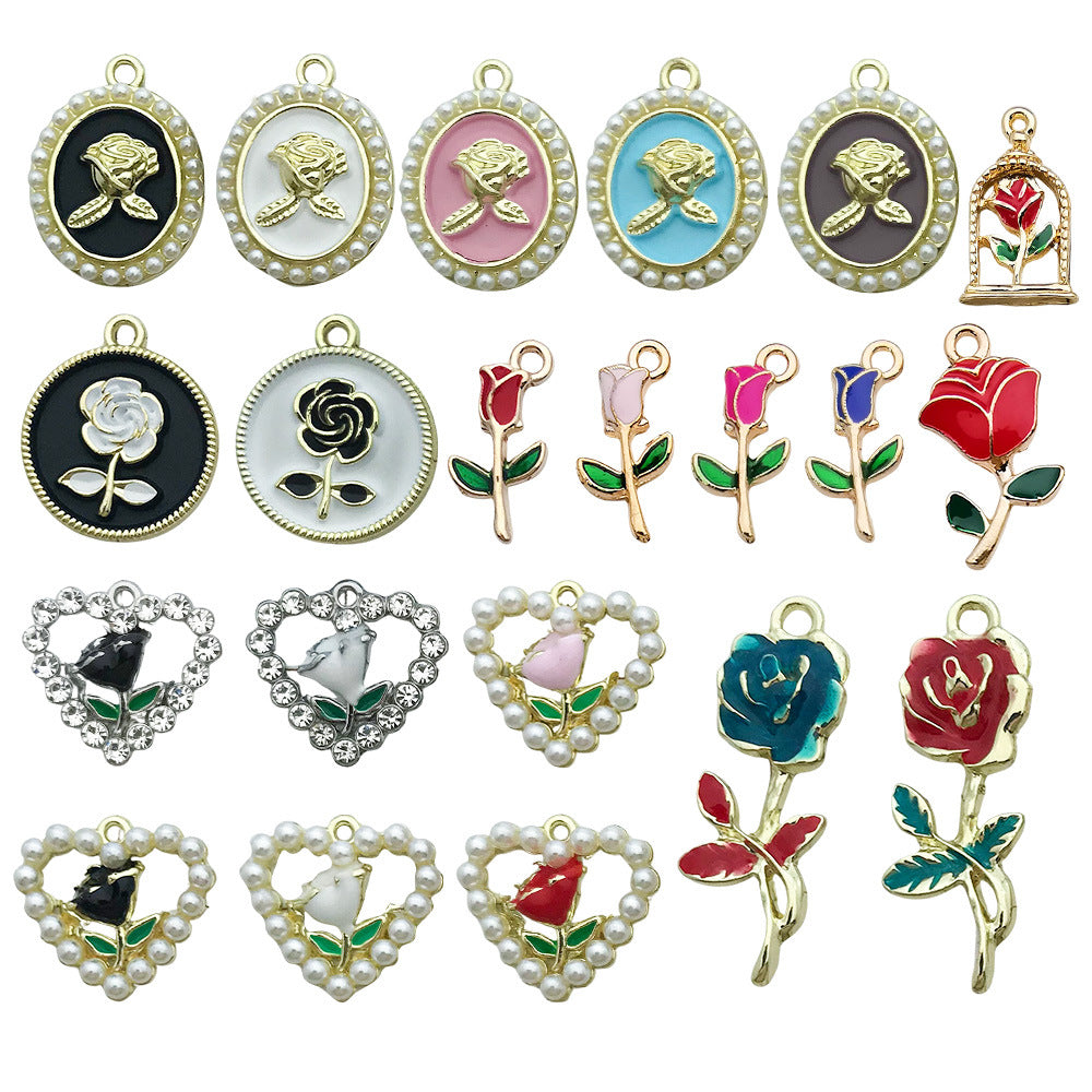 Enamel Zinc Alloy Pearl Heart Rose Flower Charm Pendant for Valentine Jewelry DIY