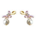 Gold Tone Spoon Top Purple Bow And White Pearl Stud Earrings view 5