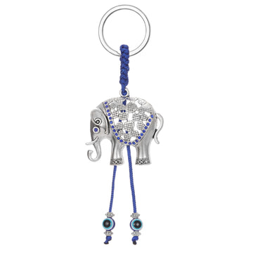Silver Tone Elephant Blue Evil Eye Split Ring Keychain with Cord Tassels