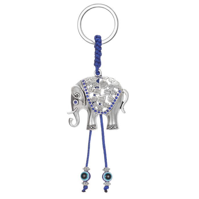 Silver Tone Elephant Blue Evil Eye Split Ring Keychain with Cord Tassels