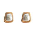 Geometric Square Metal Frame Pearl Stud Earrings Pair view 5