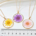 Gold Tone Round Clear Resin Dried Flower Pendant Necklaces in Four Colors view 5