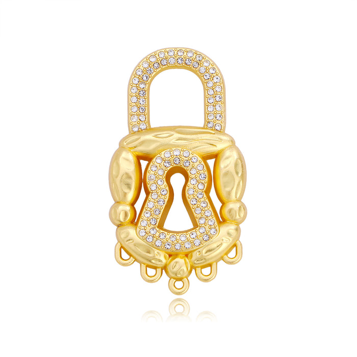 Gold Tone Crystal Heart Keyhole Lock Metal Brooch Pin