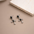 Black Stone Silver Tone Ornate Cross Long Earrings view 4
