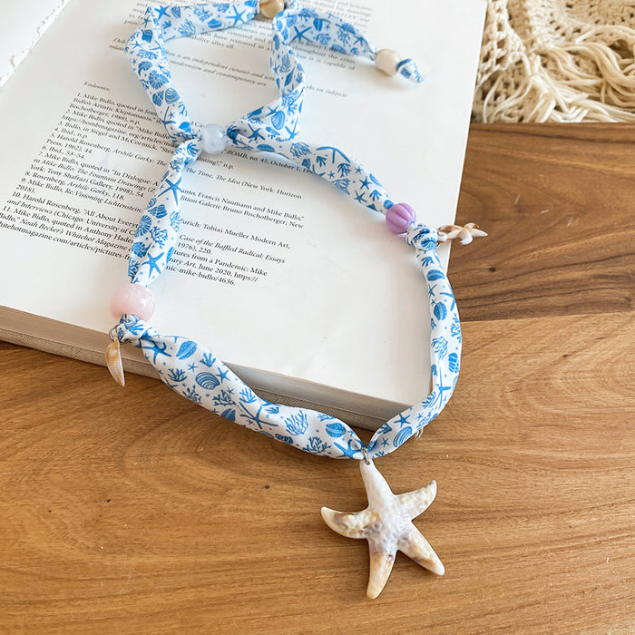 Printed Scarf Necklaces with Coastal Shell and Starfish Charms