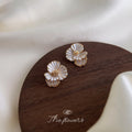 White Enamel Iris Flower Stud Earrings Gold CZ Leaf view 1
