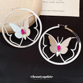 Open Circle Butterfly Hoop Earrings in Gold and Silver Tones view 3