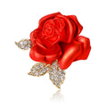 Sculpted Red Rose Brooch With Three Clear Crystal Leaves view 5
