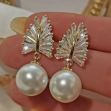Gold Tone Leaf Earrings With White Faux Pearl Drops