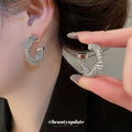 Textured C Hoop Stud Earrings in Gold and Silver Tone Finishes view 3