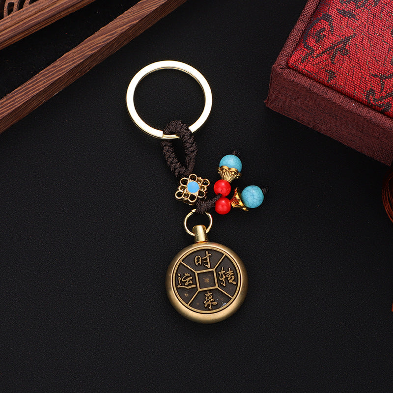 Brass Wu Di Coins and Gourd Rotating Keychain Ornament