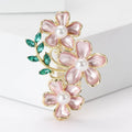 Three Flower Pearl Brooch with Green Leaves Pink White view 2