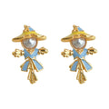 Gold Tone Blue Outfit And White Pearl Scarecrow Stud Earrings view 5
