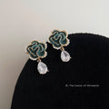 Teal Enamel Camellia Flower Pearl Border Teardrop Zircon Earrings view 3