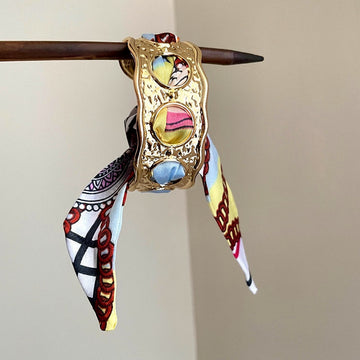 Gold Hammered Open Cuff Bracelet Colorful Scarf Wrap