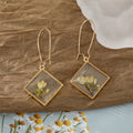 Gold Tone Square Clear Resin Pressed Flower Long Hook Earrings view 3