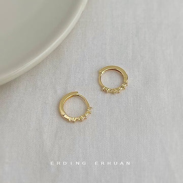 Gold Thin Huggie Hoop Bottom Crystal Row Earrings Pair